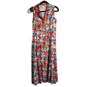 VTG Selene Sport Silk Red‎ Floral Tropical Shell Button Midi Dress M 80s 90s